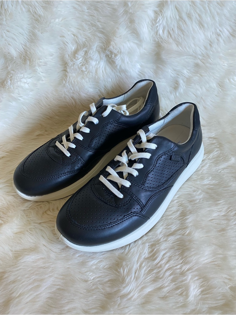 Ecco Black Leather Sneakers with White Sole and Laces